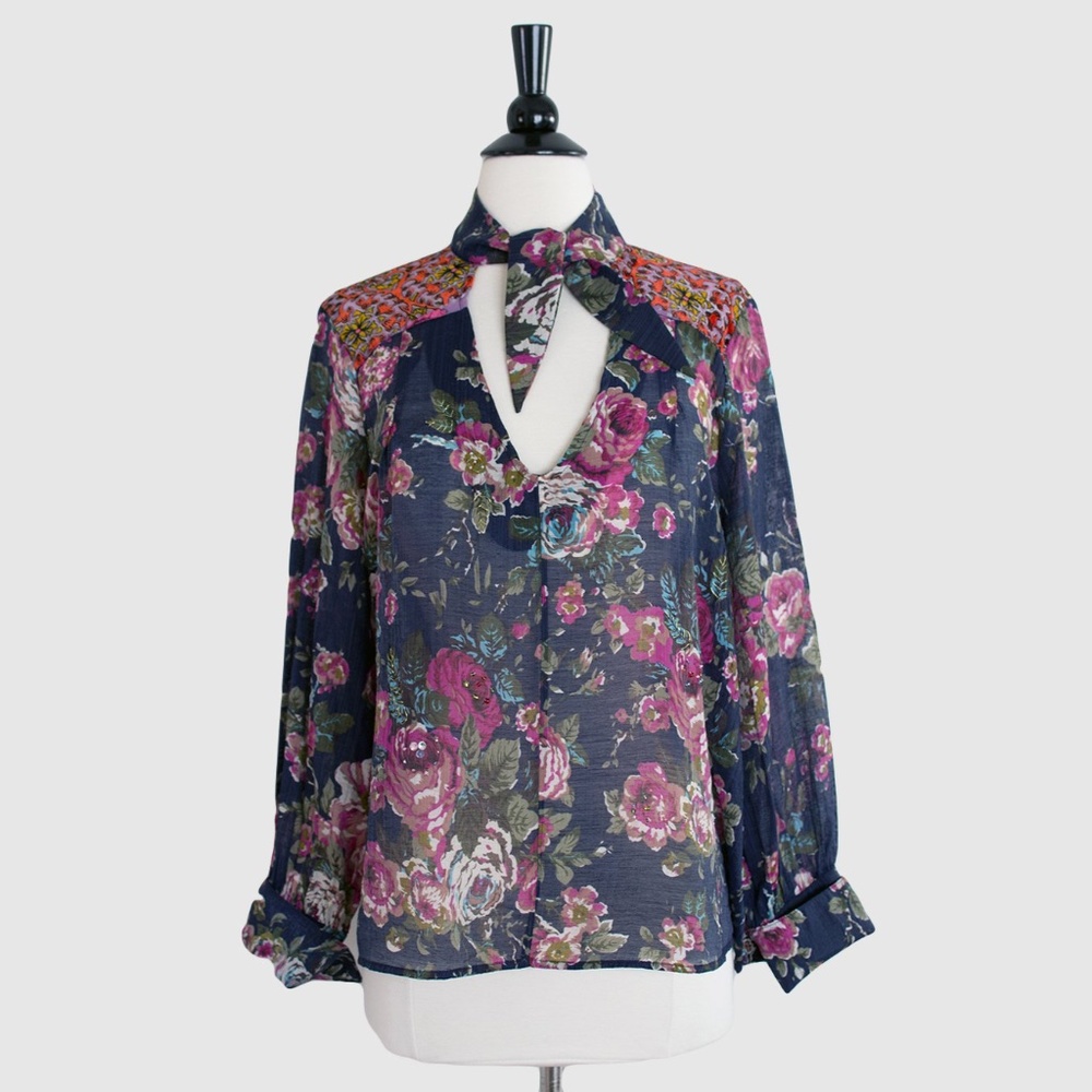 ARATTA Diana Dark Blue Floral Print Tie Neck Cutout Long Sleeve Lightweight Top